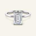 Emerald Cut Lab Diamond Ring in white gold with solitaire setting and hidden halo, perfect for elegant bridal jewelry.