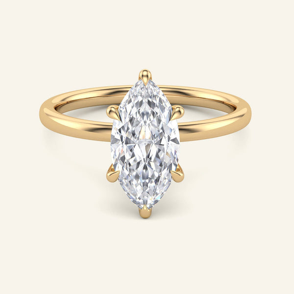 Aura Marquise Hidden Halo Solitaire Diamond Ring in yellow gold with 2 carat lab-grown marquise diamond, ideal for modern engagement styles.