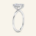 Profile view of 2 Carat Aura Radiant Hidden Halo Solitaire Diamond Ring in white gold highlighting hidden halo beneath radiant cut diamond.