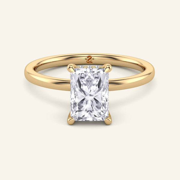 Aura Radiant Hidden Halo Solitaire Diamond Ring | 2 Carat in yellow gold with radiant cut lab grown diamond and delicate hidden halo setting.