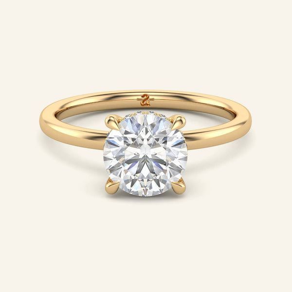 Aura Round Hidden Halo Solitaire Lab Diamond Ring in yellow gold with 3 carat round-cut center stone and subtle diamond halo setting.