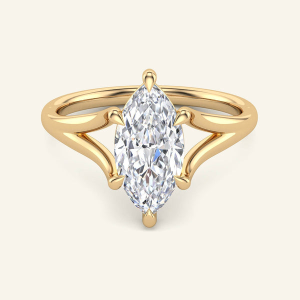 Esme Marquise Split Shank Diamond Ring in yellow gold with 2 carat lab-grown marquise diamond and elegant split shank design.