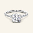 Cora Cushion Cathedral Pavé Solitaire Diamond Ring in white gold featuring 2 carat cushion-cut lab-grown diamond and pavé-set band.