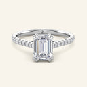 Cora Emerald Cathedral Pavé Solitaire Diamond Ring in white gold featuring a 2 carat emerald-cut lab grown diamond and pavé band design.