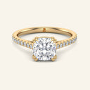 Cora Cushion Cathedral Pavé Solitaire Diamond Ring in yellow gold with 2 carat lab-grown cushion-cut diamond and pavé band, perfect for engagements.