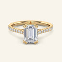 Cora Emerald Cathedral Pavé Solitaire Diamond Ring in yellow gold with a 2 carat emerald-cut lab grown diamond and pavé band setting.