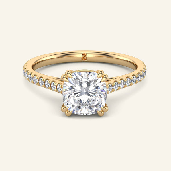 Cora Cushion Cathedral Pavé Solitaire Diamond Ring in yellow gold with 2 carat lab-grown cushion-cut diamond and pavé band, perfect for engagements.