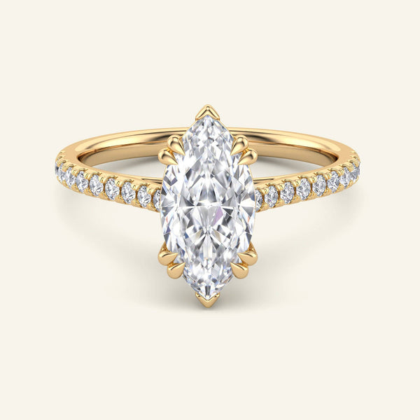 Cora Marquise Cathedral Pavé Solitaire Diamond Ring in yellow gold with 2 carat lab-grown marquise diamond and pavé band, perfect for engagements.