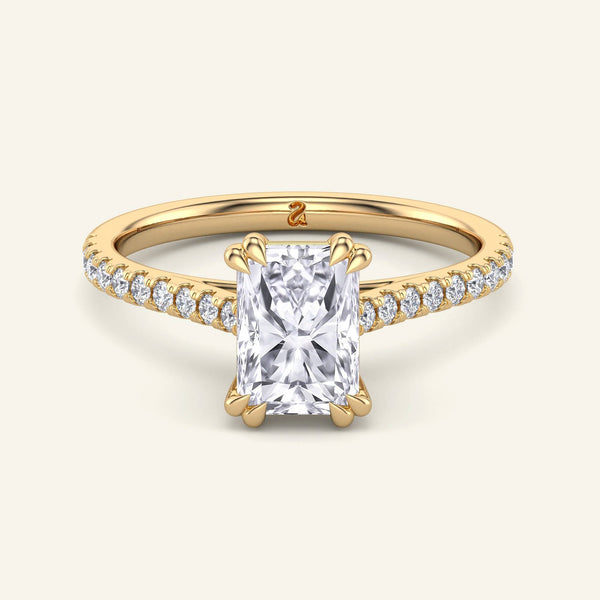 Cora Radiant Cathedral Pavé Solitaire Diamond Ring in yellow gold with a 2 carat radiant-cut lab grown diamond and pavé band setting.