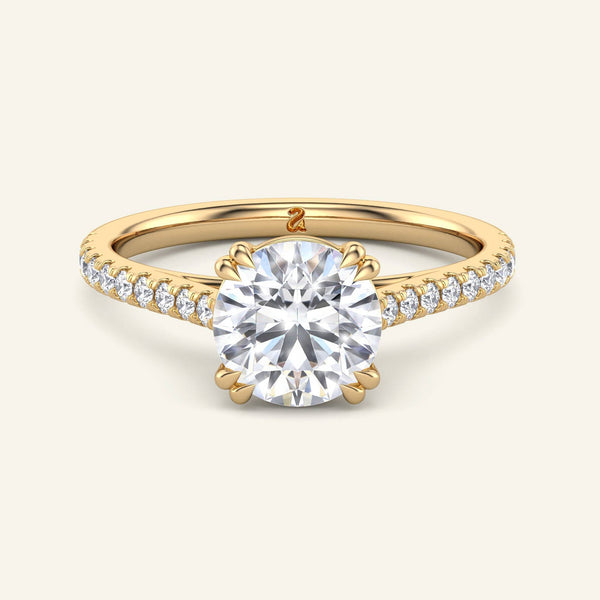 Cora Round Cathedral Pavé Solitaire Diamond Ring in yellow gold with 2 carat lab-grown round diamond and pavé band, ideal for engagement.