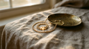 A solid gold fine chain necklace that is gold all the way through, coiled on warm linen