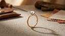 Classic round brilliant lab-grown diamond solitaire engagement ring in solid yellow gold on greige linen