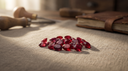 Cluster of vivid red loose rubies on warm greige linen — July birthstone