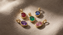 Five solid-gold birthstone charms set with ruby, emerald, sapphire, amethyst and pink tourmaline on greige linen — birthstone charms by month