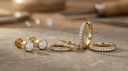 Lab-grown diamond earrings in solid yellow gold — round diamond flat-back studs, slim diamond huggie hoops and a pavé diamond hoop on a warm greige surface