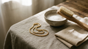 Solid gold chain necklace beside a dish of warm soapy water, a soft brush and polishing cloth — at-home gold jewelry care
