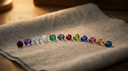 Twelve birthstone gemstones in true colours arranged in a row on warm greige linen