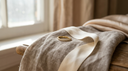 Solid gold full-eternity diamond band resting on warm greige linen beside a silk ribbon, editorial gift still life