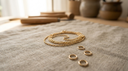 Coil of fine solid 9k yellow-gold chain and loose gold links on warm greige linen