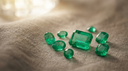 Loose vivid green emeralds, the May birthstone, including an emerald-cut stone, on warm greige linen