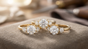 Three solid-gold three-stone lab-grown diamond engagement rings on warm greige suede