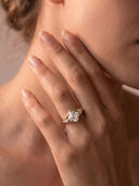 Model wearing the Paragon Asscher three-stone lab-grown diamond ring in solid gold