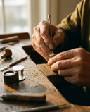 Person working on a piece of jewelry with tools on a wooden table.