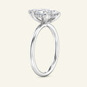 Profile view of white gold Aura Marquise Hidden Halo Solitaire Diamond Ring highlighting hidden halo and minimalist band for timeless elegance.