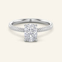 Bianca Elongated Cushion Ribbed Band Solitaire Diamond Ring in white gold featuring a 2 carat lab grown diamond and elegant ribbed band.