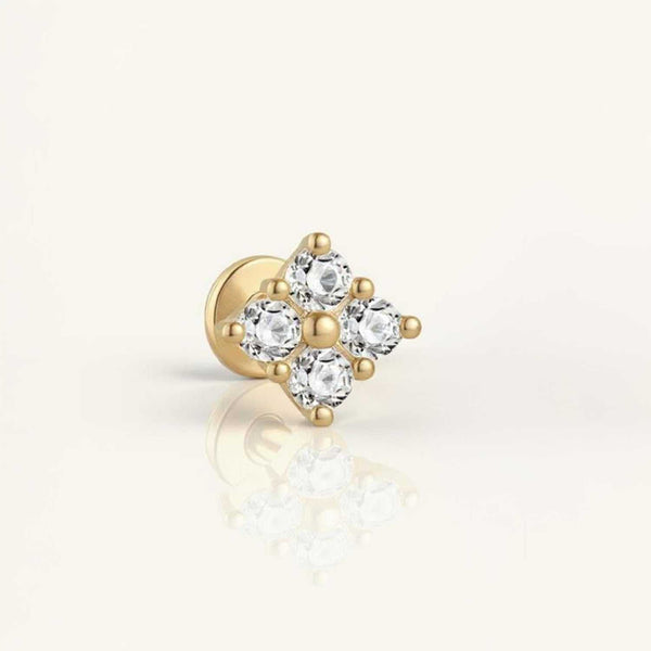 Lab Diamond Clover Earring - Flat Back Stud in gold with four round diamonds forming a clover shape. Elegant sparkle for everyday wear.