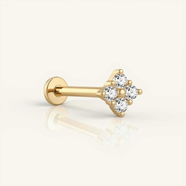 Side view of Lab Diamond Clover Earring - Flat Back Stud showcasing secure flat-back post and clover-shaped diamond setting in gold.