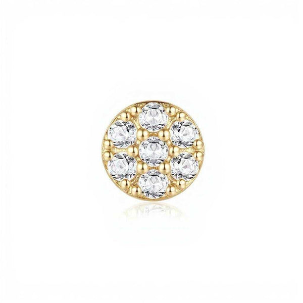 Close-up of Pavé Lab Diamond Disc Earrings featuring a circular gold setting with sparkling pavé-set diamonds, ideal for modern stud earring styles.