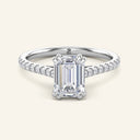 Cora Emerald Cathedral Pavé Solitaire Diamond Ring in white gold featuring a 2 carat emerald-cut lab grown diamond and pavé band design.