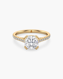 Cora cushion-cut lab-grown diamond cathedral pave solitaire ring in solid gold, front view