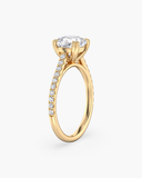 Cora cushion-cut lab-grown diamond solitaire ring, side view showing cathedral setting and pave band