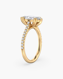 Cora marquise-cut lab-grown diamond solitaire ring, side view showing cathedral setting and pave band