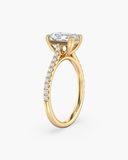 Cora radiant-cut lab-grown diamond solitaire ring, side view showing cathedral setting and pave band