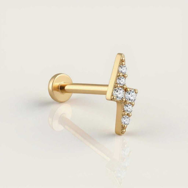 Gold thunderbolt flat back stud earring featuring pavé lab diamonds, combining edgy design with secure comfort for everyday wear.