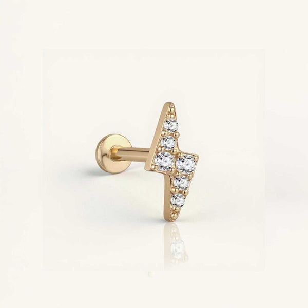 Lab diamond stud earring in gold with pavé-set stones shaped like a lightning bolt, offering sparkling elegance and a secure flat back fit.